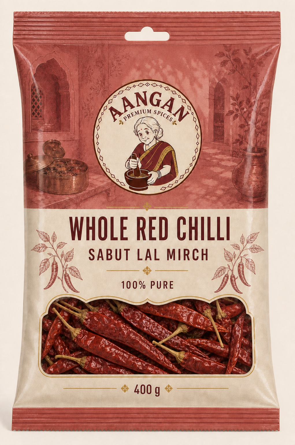 Aangan Whole Red Chilli 400 g Indian spice packet
