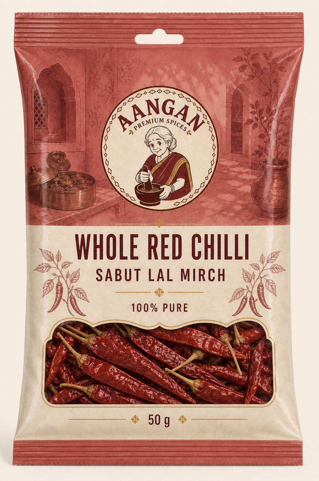 Aangan Whole Red Chilli 50 g Indian spice packet