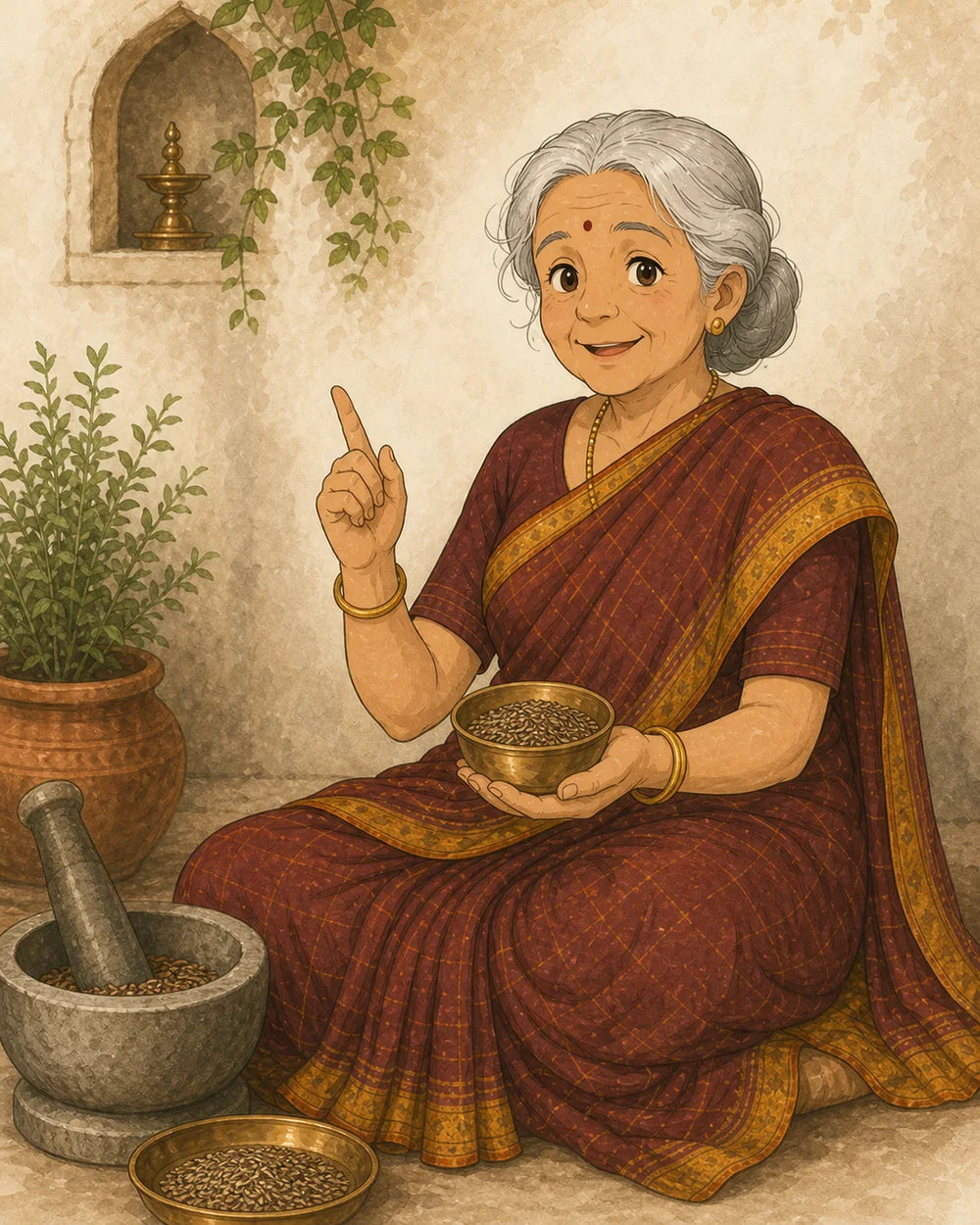 Dadi Ji sharing a cumin tip from her courtyard kitchen