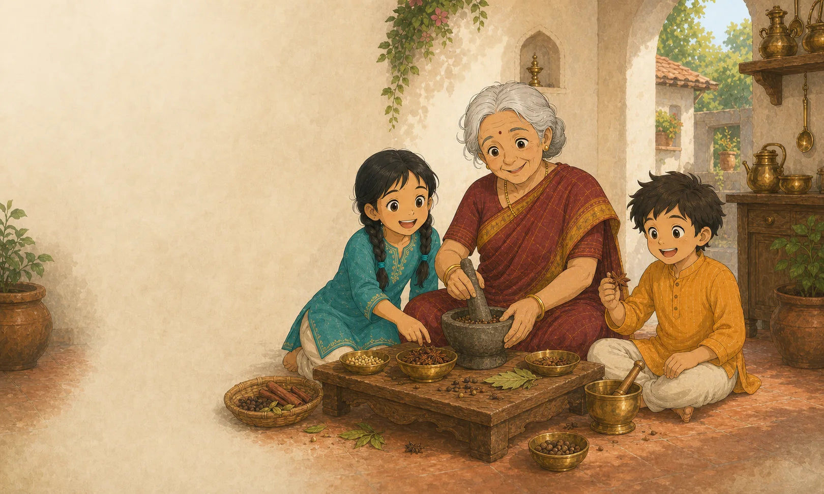 Dadi Ji sharing spices with her grandchildren in the Aangan courtyard